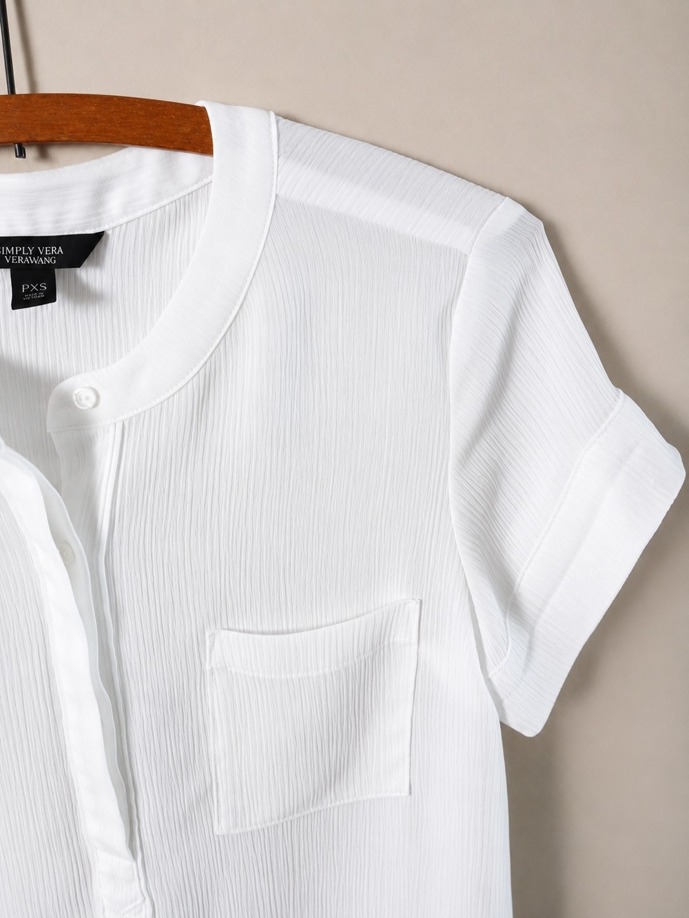 SIMPLY VERA VERA WANG PXS White Textured Short Sleeve Blouse Button Front Sheer - Picture 5 of 7